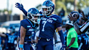 Jackson State wide receiver Nate Rembert (3) celebrates with wide receiver Jameel Gardner Jr. (7)