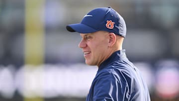 Nov 8, 2025; Nashville, Tennessee, USA;  Auburn Tigers head coach DJ Durkin against the Vanderbilt Commodores during pre-game warmups at FirstBank Stadium. Mandatory Credit: Steve Roberts-Imagn Images