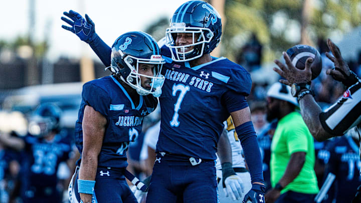 Jackson State wide receiver Nate Rembert (3) celebrates with wide receiver Jameel Gardner Jr. (7) Jackson State wide receiver Nate Rembert (3) celebrates with wide receiver Jameel Gardner Jr. (7)