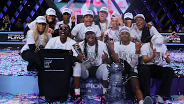 Mar 17, 2025; Miami, FL, USA; Rose BC guard Chelsea Gray (center) celebrates with teammates after winning the Unrivaled Championship game against the Vinyl BC at Wayfair Arena. Mandatory Credit: Sam Navarro-Imagn Images