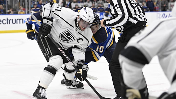 Jan 28, 2024; St. Louis, Missouri, USA; Los Angeles Kings center Anze Kopitar (11) and St. Louis