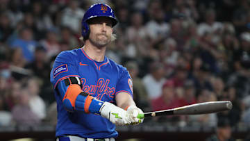 May 7, 2025; Phoenix, Arizona, USA; New York Mets second base Jeff McNeil (1) reacts after missing a pitch against the Arizona Diamondbacks in the seventh inning at Chase Field. Mandatory Credit: Rick Scuteri-Imagn Images