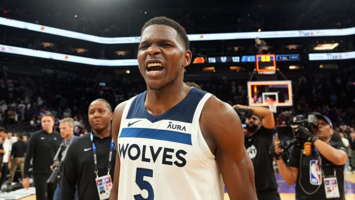 Apr 28, 2024; Phoenix, Arizona, USA; Minnesota Timberwolves guard Anthony Edwards (5) celebrates against the Phoenix Suns after game four of the first round for the 2024 NBA playoffs at Footprint Center. Mandatory Credit: Joe Camporeale-USA TODAY Sports