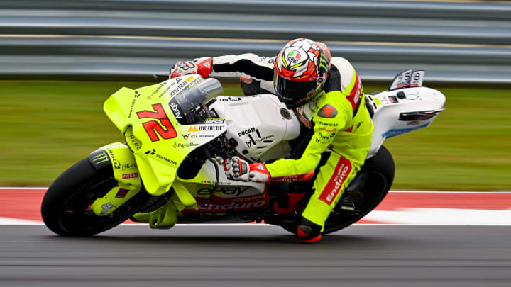 Apr 14, 2024; Austin, TX, USA; Marco Bezzecchi (72) of Italy and Pertamina Enduro VR46 rides in warmups before the start of the MotoGP Grand Prix of The Americas at Circuit of The Americas. Mandatory Credit: Jerome Miron-USA TODAY Sports