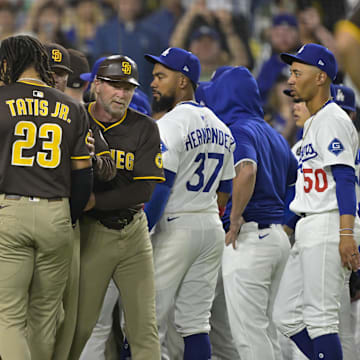 The Padres' and Dodgers' benches clear during Thursday's game.