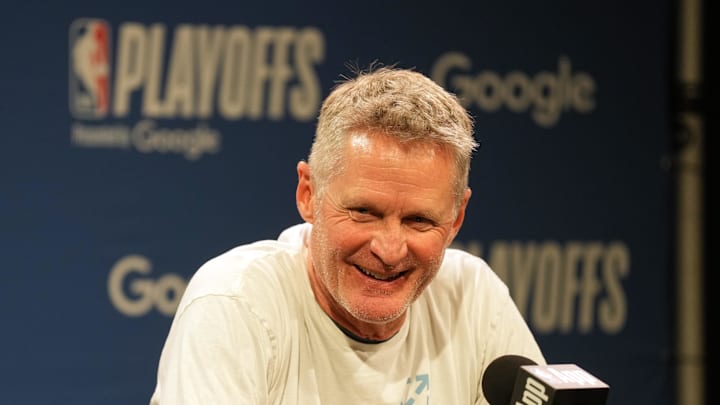 Apr 26, 2025; San Francisco, California, USA; Golden State Warriors head coach Steve Kerr talks to media members before game three of first round for the 2024 NBA Playoffs against the Houston Rockets at Chase Center. Mandatory Credit: Darren Yamashita-Imagn Images