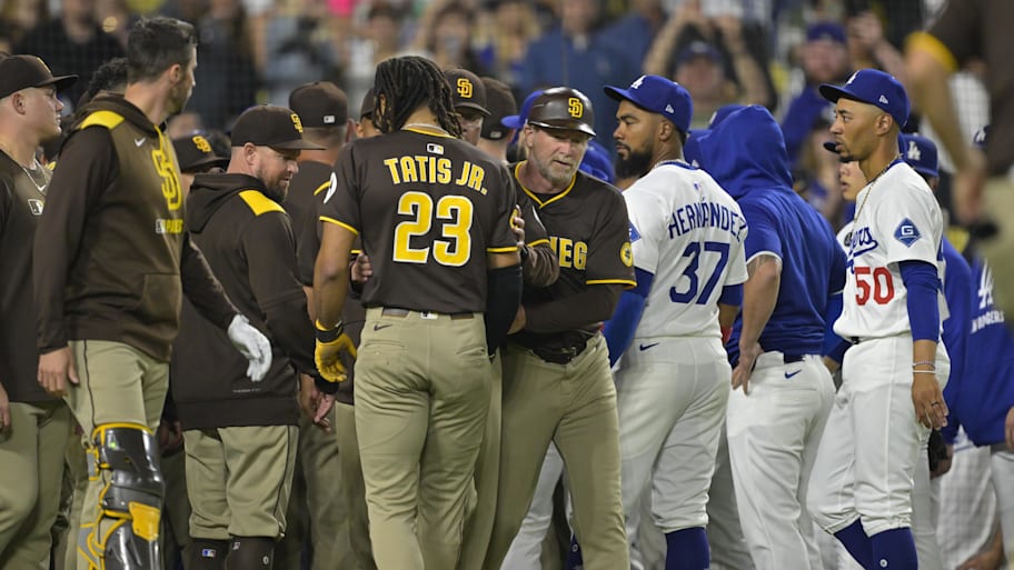 The Padres' and Dodgers' benches clear during Thursday's game. | Jayne Kamin-Oncea-Imagn Images