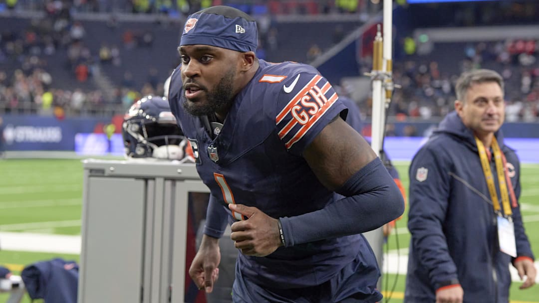 Oct 13, 2024; London, United Kingdom; Chicago Bears cornerback Jaylon Johnson (1) after an NFL International Series game at Tottenham Hotspur Stadium. Mandatory Credit: Peter van den Berg-Imagn Images