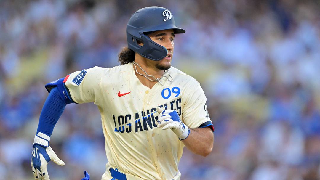 Aug 22, 2026; Los Angeles, California, USA;  Los Angeles Dodgers center fielder Alek Thomas (9) reaches second on a fielding error in the eighth inning against the Pittsburgh Pirates at Dodger Stadium. Mandatory Credit: Jayne Kamin-Oncea-Imagn Images