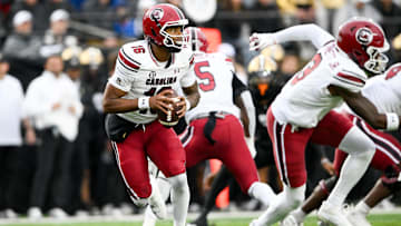 Nov 9, 2024; Nashville, Tennessee, USA;  South Carolina Gamecocks quarterback LaNorris Sellers (16) scrambles against the Vanderbilt Commodores during the first half at FirstBank Stadium. Mandatory Credit: Steve Roberts-Imagn Images