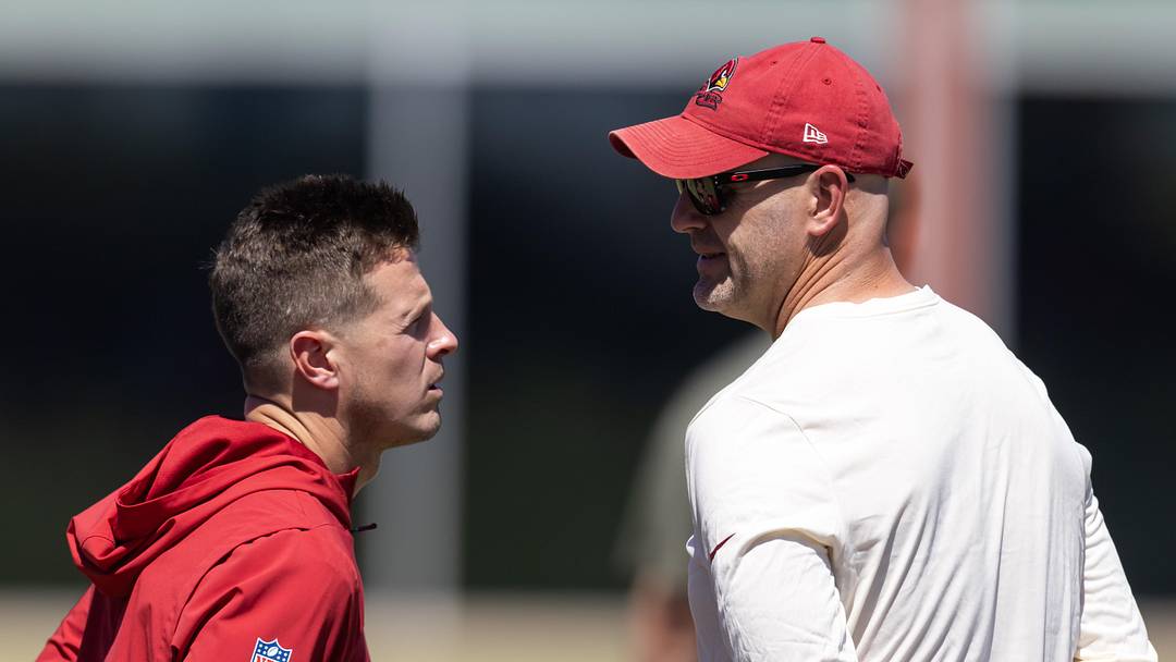 May 8, 2026; Tempe, AZ, USA; Arizona Cardinals head coach Mike LaFleur (left) with general manager Monti Ossenfort during rookie minicamp at Dignity Health Arizona Cardinals Training Center. Mandatory Credit: Mark J. Rebilas-Imagn Images