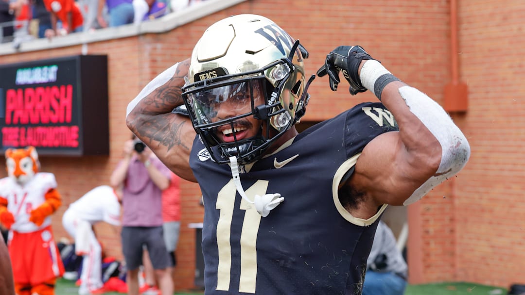 Sep 24, 2022; Winston-Salem, North Carolina, USA;  Wake Forest Demon Deacons wide receiver Donavon Greene (11) celebrates a touchdown during the second half against the Clemson Tigers at Truist Field. Mandatory Credit: Reinhold Matay-Imagn Images