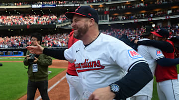 Oct 12, 2024; Cleveland, Ohio, USA; Cleveland Guardians manager Stephen Vogt (12) celebrates defeating the Detroit Tigers during game five of the ALDS for the 2024 MLB Playoffs at Progressive Field. Mandatory Credit: Ken Blaze-Imagn Images