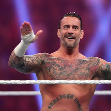 Jan 27, 2024; St. Petersburg, FL, USA; CM Punk reacts during the Men   s Royal Rumble match at Tropicana Field. Mandatory Credit: Joe Camporeale-Imagn Images