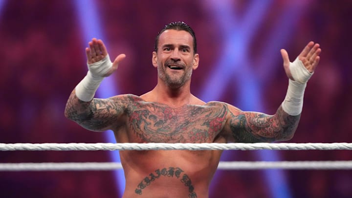 Jan 27, 2024; St. Petersburg, FL, USA; CM Punk reacts during the Men   s Royal Rumble match at Tropicana Field. Mandatory Credit: Joe Camporeale-Imagn Images