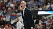 Mar 21, 2025; Raleigh, NC, USA;  Connecticut Huskies head coach Dan Hurley reacts during the first half against the Oklahoma Sooners at Lenovo Center. Mandatory Credit: Bob Donnan-Imagn Images