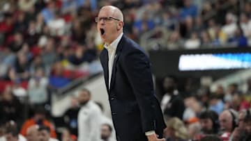 Mar 21, 2025; Raleigh, NC, USA;  Connecticut Huskies head coach Dan Hurley reacts during the first half against the Oklahoma Sooners at Lenovo Center. Mandatory Credit: Bob Donnan-Imagn Images