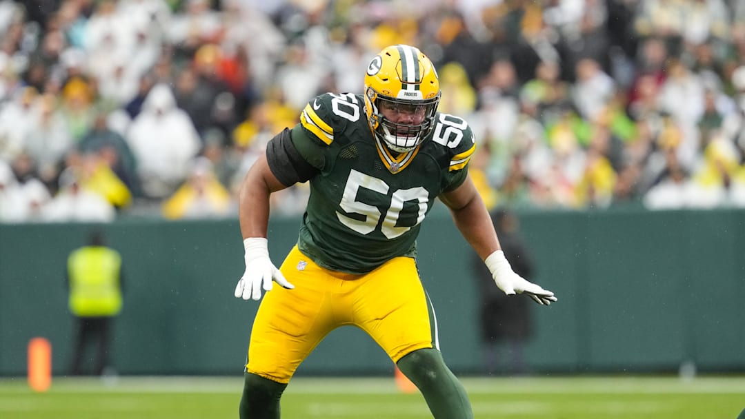 Oct 13, 2024; Green Bay, Wisconsin, USA;  Green Bay Packers offensive linenam Zach Tom (50) during the game against the Arizona Cardinals at Lambeau Field. Mandatory Credit: Jeff Hanisch-Imagn Images