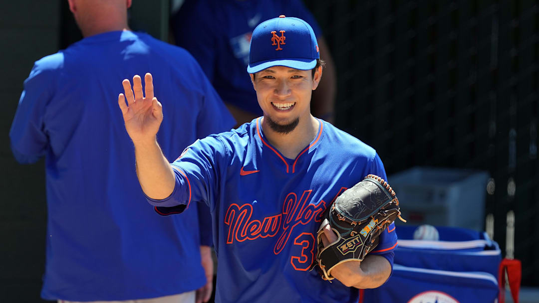 Apr 13, 2025; West Sacramento, California, USA; New York Mets starting pitcher Kodai Senga (34) gestures before the game against the Athletics at Sutter Health Park. Mandatory Credit: Darren Yamashita-Imagn Images