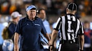 Oct 17, 2025; Berkeley, California, USA; North Carolina Tar Heels head coach Bill Belichick reacts against the California Golden Bears in the first quarter at California Memorial Stadium. 