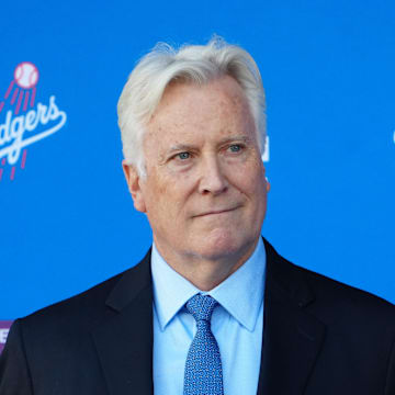 Dec 14, 2023; Los Angeles, CA, USA;  Los Angeles Dodgers owner Mark Walter at a introductory press conference for Shohei Ohtani at Dodger Stadium. Mandatory Credit: Kirby Lee-Imagn Images