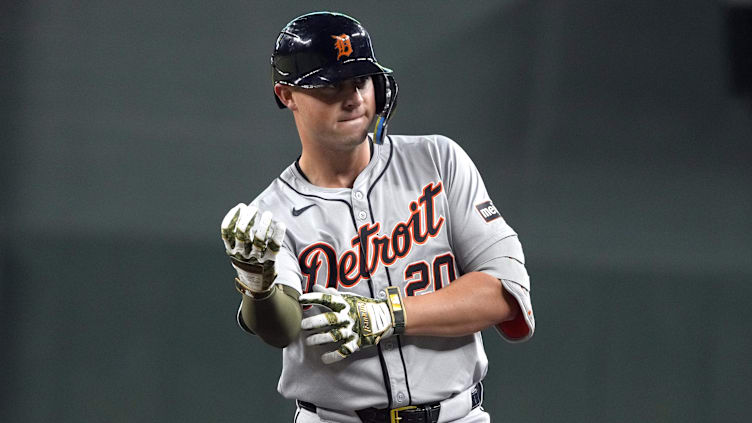 May 17, 2024; Phoenix, Arizona, USA; Detroit Tigers first base Spencer Torkelson (20) reacts after hitting a single against the Arizona Diamondbacks in the second inning at Chase Field. Mandatory Credit: Rick Scuteri-USA TODAY Sports