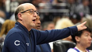 Apr 11, 2025; Sacramento, California, USA; Los Angeles Clippers assistant coach Jeff Van Gundy gestures during the third quarter against the Sacramento Kings at Golden 1 Center. Mandatory Credit: Darren Yamashita-Imagn Images