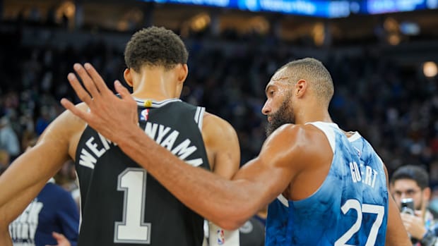 Feb 27, 2024; Minneapolis, Minnesota, USA; Minnesota Timberwolves center Rudy Gobert (27) and San Antonio Spurs.