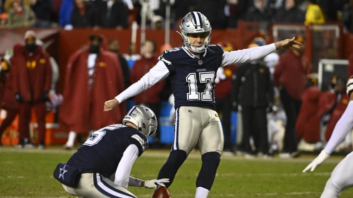 Jan 7, 2024; Landover, Maryland, USA; Dallas Cowboys place kicker Brandon Aubrey (17) attempts a field goal against the Washington Commanders during the second half at FedExField. Mandatory Credit: Brad Mills-USA TODAY Sports