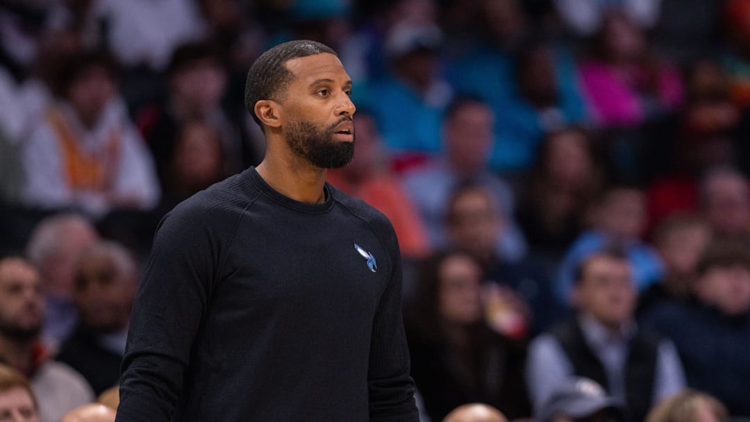 Feb 28, 2026; Charlotte, North Carolina, USA; Charlotte Hornets head coach Charles Lee looks on during the first quarter against the Portland Trail Blazers at Spectrum Center. Mandatory Credit: Scott Kinser-Imagn Images