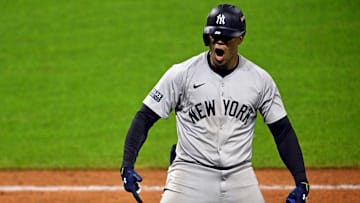 Oct 19, 2024; Cleveland, Ohio, USA; New York Yankees outfielder Juan Soto (22) celebrates after hitting three run home run during the tenth inning against the Cleveland Guardians during game five of the ALCS for the 2024 MLB playoffs at Progressive Field. Mandatory Credit: David Richard-Imagn Images