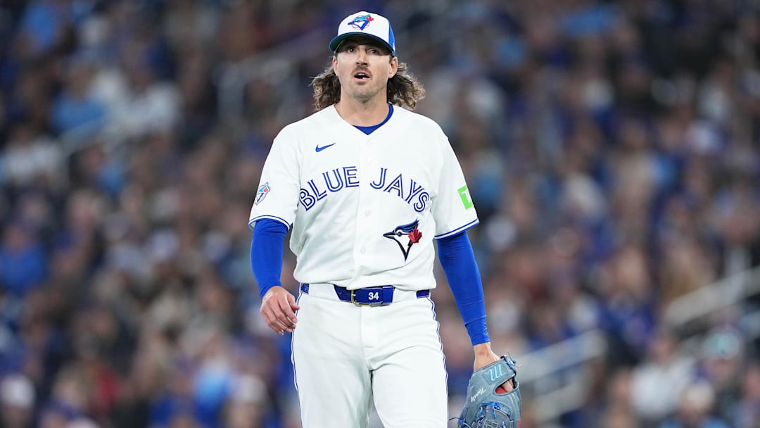 Mar 27, 2026; Toronto, Ontario, CAN; Toronto Blue Jays starting pitcher Kevin Gausman (34) walks towards the dugout against the Athletics during the fourth inning at Rogers Centre. Mandatory Credit: Nick Turchiaro-Imagn Images