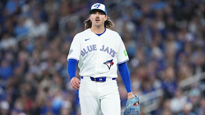 Mar 27, 2026; Toronto, Ontario, CAN; Toronto Blue Jays starting pitcher Kevin Gausman (34) walks towards the dugout against the Athletics during the fourth inning at Rogers Centre. Mandatory Credit: Nick Turchiaro-Imagn Images