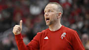 Mar 5, 2025; Louisville, Kentucky, USA;  Louisville Cardinals head coach Pat Kelsey reacts during the second half against the California Golden Bears at KFC Yum! Center. Louisville defeated California 85-68. Mandatory Credit: Jamie Rhodes-Imagn Images