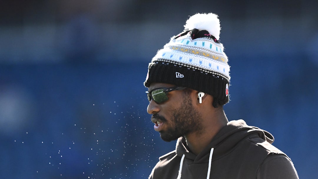 Oct 26, 2025; Foxborough, Massachusetts, USA;  Cleveland Browns quarterback Shedeur Sanders (12) looks on during warm up prior to the game against the New England Patriots at Gillette Stadium. Mandatory Credit: Brian Fluharty-Imagn Images