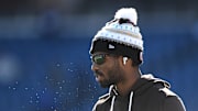 Oct 26, 2025; Foxborough, Massachusetts, USA;  Cleveland Browns quarterback Shedeur Sanders (12) looks on during warm up prior to the game against the New England Patriots at Gillette Stadium. Mandatory Credit: Brian Fluharty-Imagn Images