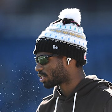 Oct 26, 2025; Foxborough, Massachusetts, USA;  Cleveland Browns quarterback Shedeur Sanders (12) looks on during warm up prior to the game against the New England Patriots at Gillette Stadium. Mandatory Credit: Brian Fluharty-Imagn Images