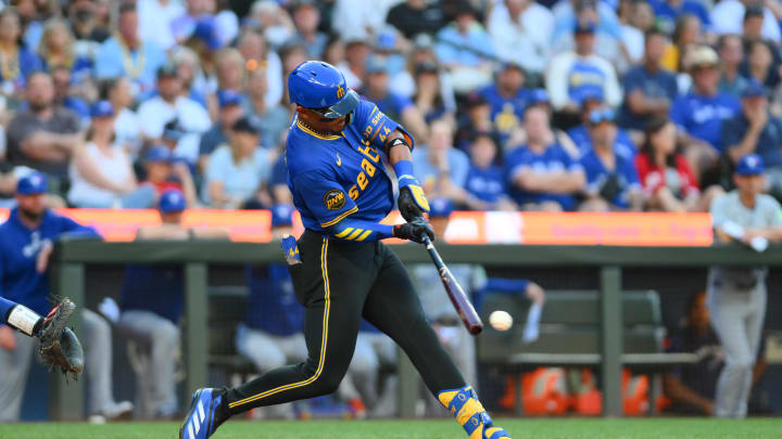 Seattle Mariners center fielder Julio Rodriguez (44) hits a single against the Toronto Blue Jays during the third inning at T-Mobile Park on July 5.