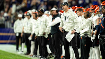 Cincinnati Bengals head coach Zac Taylor looks on in the fourth quarter of the NFL game against the Baltimore Ravens at M&T Banks Stadium in Baltimore on Thursday, Nov. 7, 2024.
