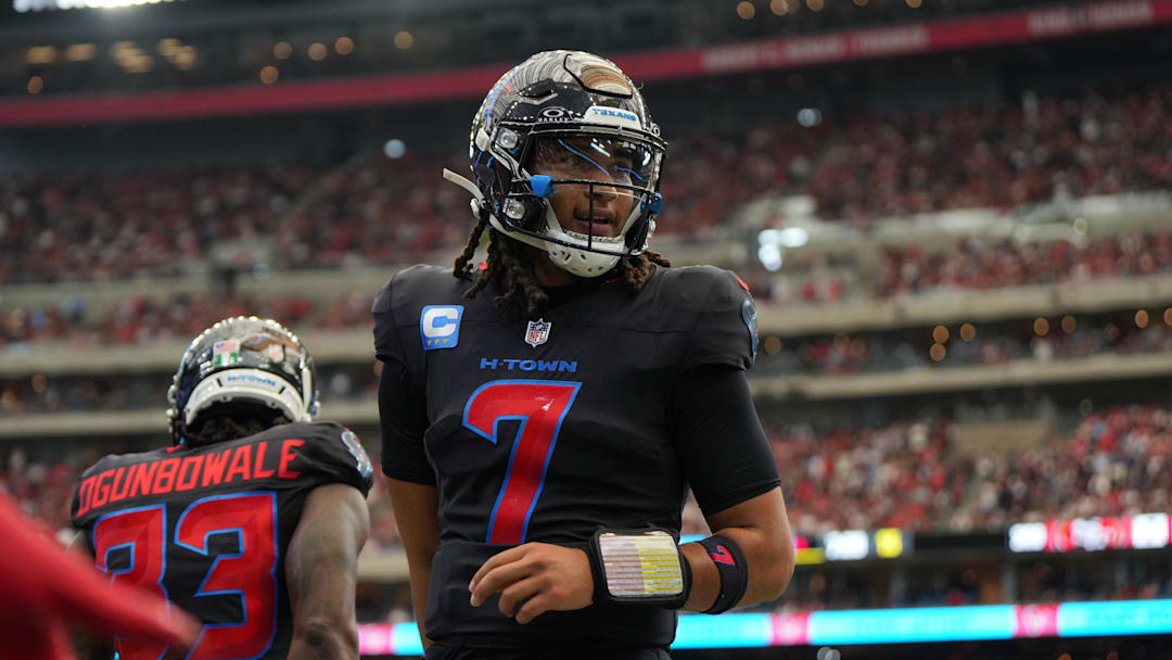 Oct 26, 2025; Houston, Texas, USA; Houston Texans quarterback C.J. Stroud (7) reacts during the second half against the San Francisco 49ers at NRG Stadium. Mandatory Credit: Sean Thomas-Imagn Images