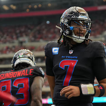 Oct 26, 2025; Houston, Texas, USA; Houston Texans quarterback C.J. Stroud (7) reacts during the second half against the San Francisco 49ers at NRG Stadium. Mandatory Credit: Sean Thomas-Imagn Images