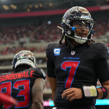 Oct 26, 2025; Houston, Texas, USA; Houston Texans quarterback C.J. Stroud (7) reacts during the second half against the San Francisco 49ers at NRG Stadium. Mandatory Credit: Sean Thomas-Imagn Images