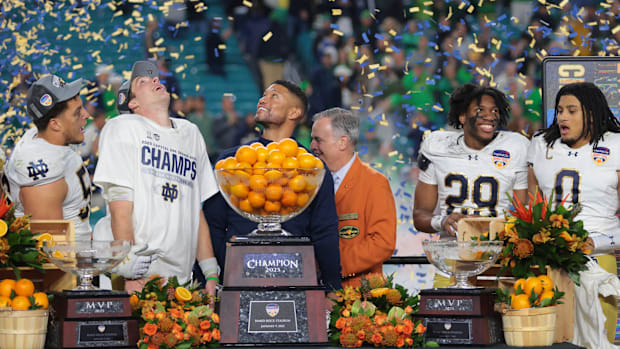 Jan 9, 2025; Miami, FL, USA; Notre Dame's Marcus Freeman celebrates Orange Bowl win vs. Penn State.