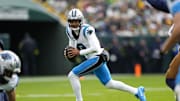 Nov 2, 2025; Green Bay, Wisconsin, USA;  Carolina Panthers quarterback Bryce Young (9) during the game against the Green Bay Packers at Lambeau Field. Mandatory Credit: Jeff Hanisch-Imagn Images