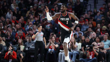 Apr 9, 2024; Portland, Oregon, USA;  Portland Trail Blazers center Deandre Ayton (2) reacts after scoring against the New Orleans Pelicans in the second quarter at Moda Center. Mandatory Credit: Jaime Valdez-USA TODAY Sports