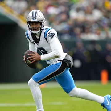 Nov 2, 2025; Green Bay, Wisconsin, USA;  Carolina Panthers quarterback Bryce Young (9) during the game against the Green Bay Packers at Lambeau Field. Mandatory Credit: Jeff Hanisch-Imagn Images