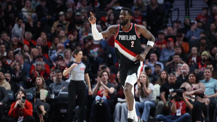 Apr 9, 2024; Portland, Oregon, USA;  Portland Trail Blazers center Deandre Ayton (2) reacts after scoring against the New Orleans Pelicans in the second quarter at Moda Center. Mandatory Credit: Jaime Valdez-USA TODAY Sports