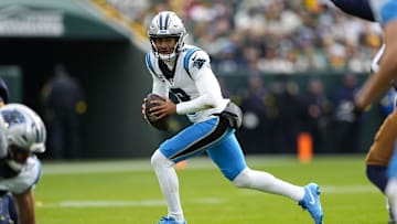 Nov 2, 2025; Green Bay, Wisconsin, USA;  Carolina Panthers quarterback Bryce Young (9) during the game against the Green Bay Packers at Lambeau Field. Mandatory Credit: Jeff Hanisch-Imagn Images