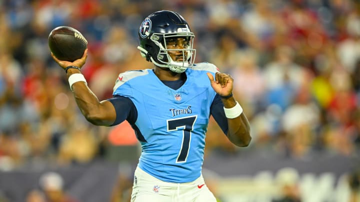 Aug 10, 2024; Nashville, Tennessee, USA;  Tennessee Titans quarterback Malik Willis (7) stands in the pocket against the San Francisco 49ers during the second half at Nissan Stadium. Mandatory Credit: Steve Roberts-USA TODAY Sports