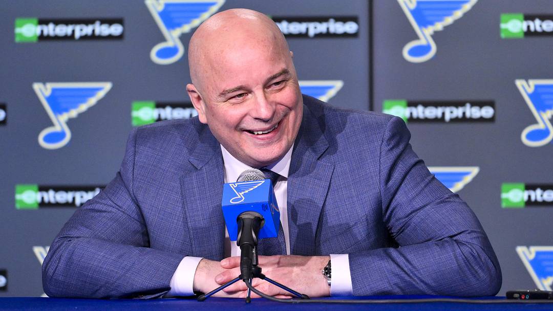 Apr 5, 2025; St. Louis, Missouri, USA;  St. Louis Blues head coach Jim Montgomery talks with the media after the Blues won their franchise record 12th straight win with a victory over the Colorado Avalanche at Enterprise Center. Mandatory Credit: Jeff Curry-Imagn Images
